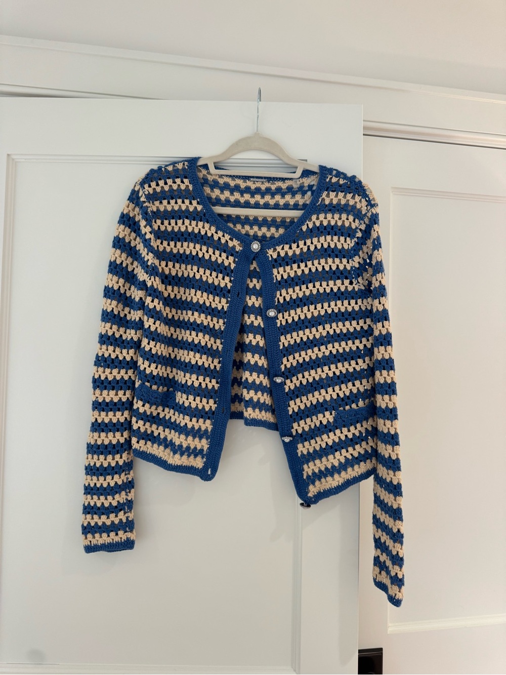 Elie Tahari Blue and Cream Crochet Stripe Cardigan